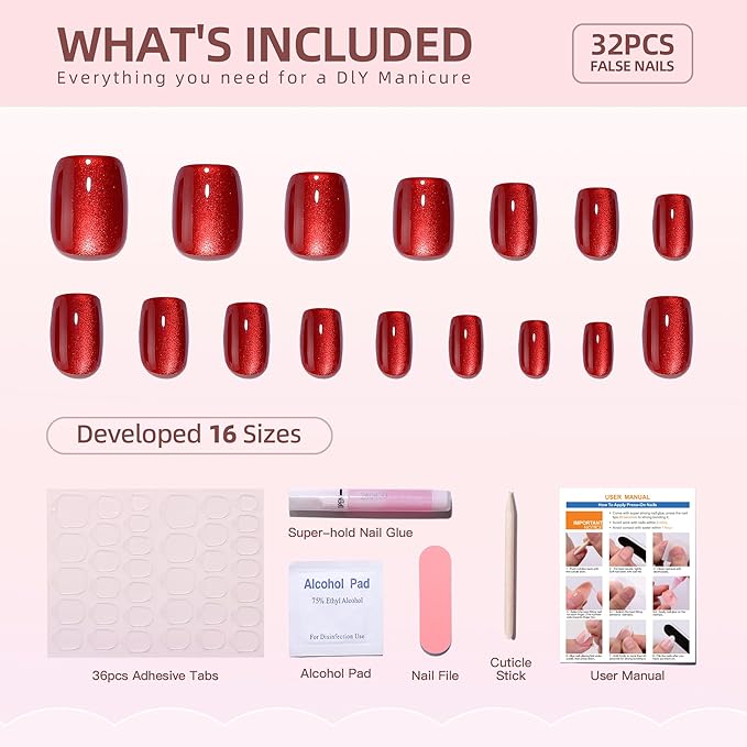 Gel Press On Nails Short - Red Press On Nails Square, Short Fake Nails with Nail Glue, Artificial Nails 16 Sizes - 32Pcs Reusable Soft Gel False Nails Tips Kit，Glue On Nails Short