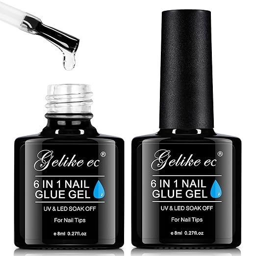 Gelike EC 6 in 1 Nail Glue Gel: 2 Pcs Gel Nail Polish for Press on Nails - Nail Glue Strong Easy and Long Last for False Acrylic Tip - Base Coat for Salon Home Polish