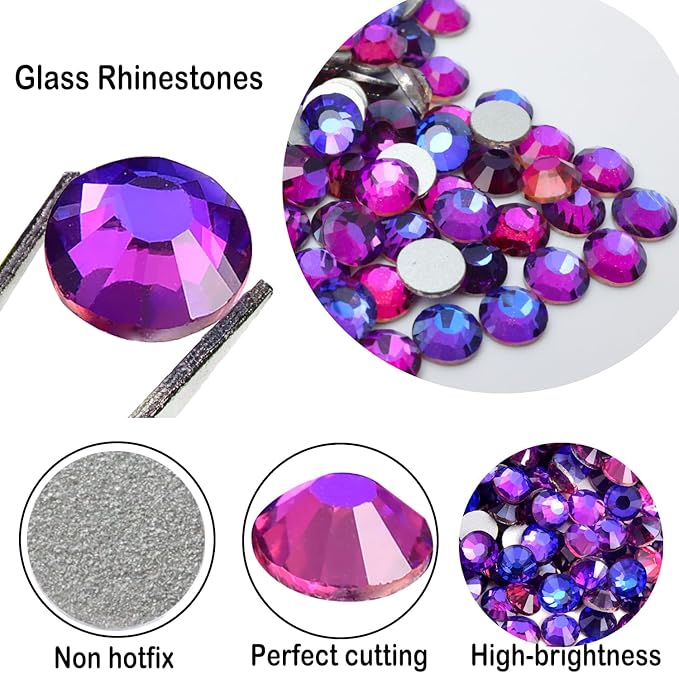Flatback Glass Rhinestones,Bedazzler Gems 1440pcs Non Hotfix Crystal Rhinestones for Nail Charms Crafts Clothes Tumblers,Purple Velvet,SS16