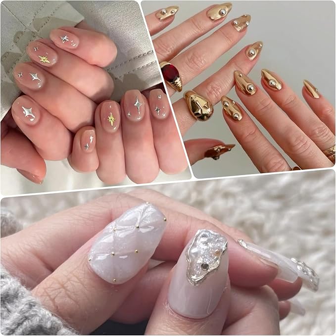 Gold Silver 3D Nail Charms, 2Boxes 24Grids Bow Star Nail Gems Nail Studs,Punk Metal Alloy Rivet Stickers Bowknot Nail Art Decorations Accessories for Nail Art Design DIY Crafts (Gold Silver E-)