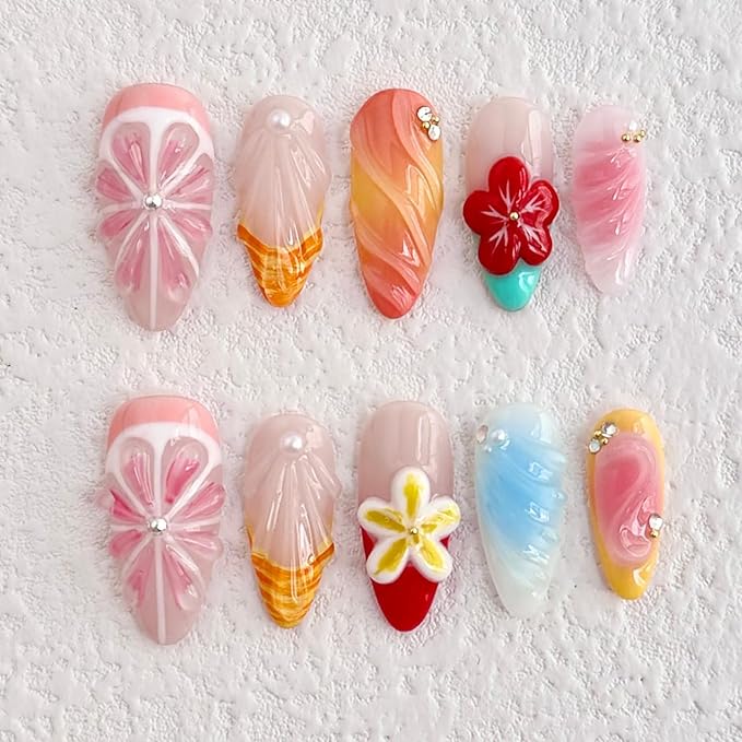 Luxury Press on Nails Medium Almond Handmade 3D Unique Reusable ABS Material Fake Nails Pink Grapefruit False Nails with Designs Red Flower Shell Art Petal Glossy Glue on Nails Thick Acrylic Nails(S)