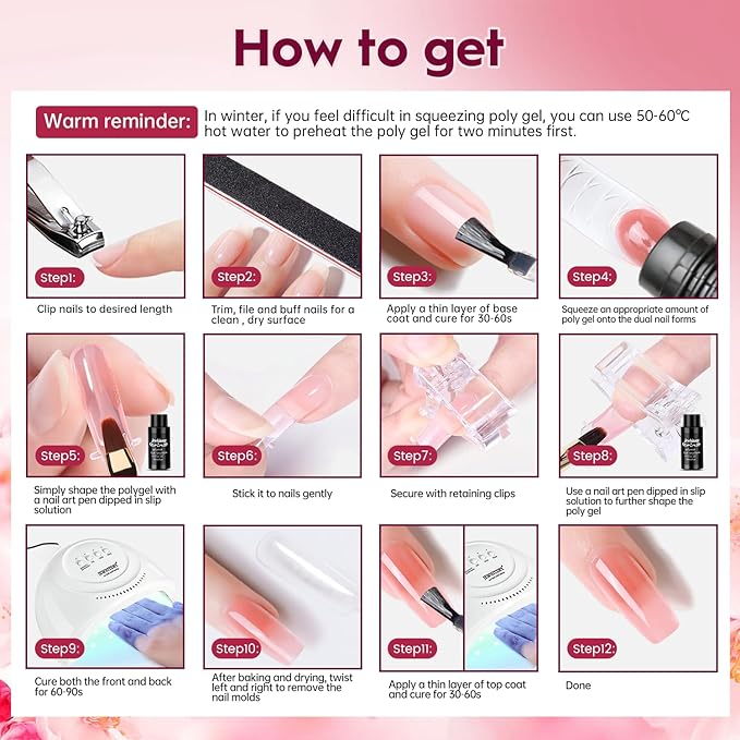 JEWHITENY 28 Colors Poly Nail Extension Gel Kit for Starter at Home Poly Nail Gel All-in-one Kit with Nail Lamp French Trendy Manicure DIY Kit