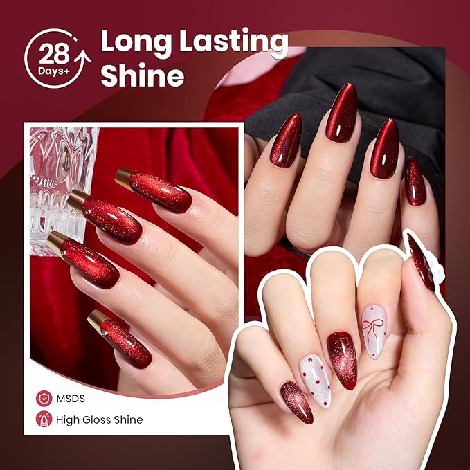 Beetles Red Cat Eye Gel Nail Polish Set - Sultry Burgundy Cat Eye Gel Polish, 6 Colors Christmas Gel Polish Kit Burgundy Dark Red Glitter Red Magnetic Soak Off UV Nail Art Manicure Gift for Women