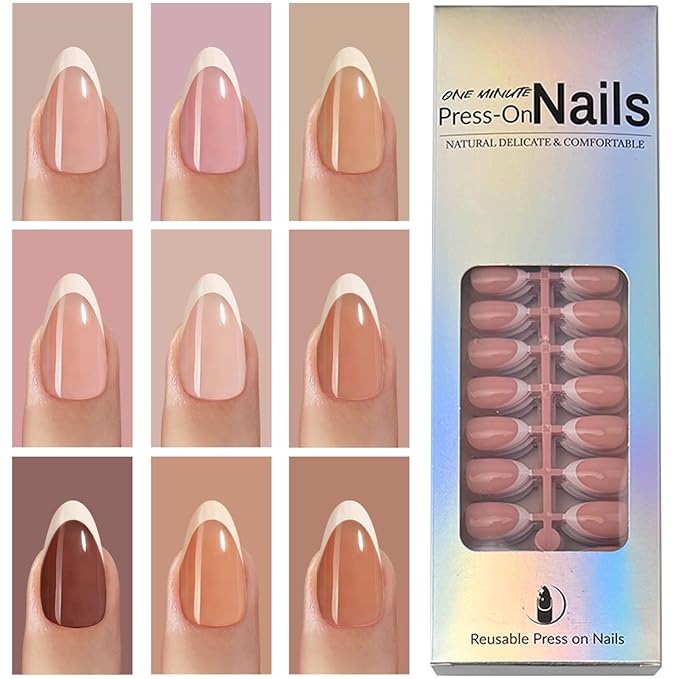 270 Pcs White French Tip Press on Nails Almond Fake Nails Nude Glossy Acrylic Glue On Nails Full Cover False Nail Tips Kit for Women DIY Nail Art Manicure 15 Size