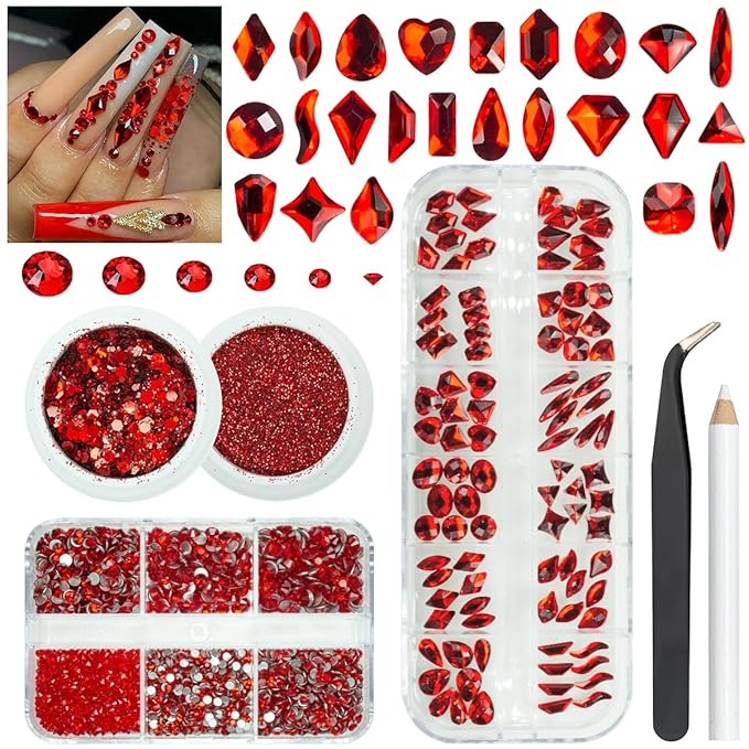 4 Boxes Siam Red Nail Rhinestones and Glitters, 24 Shapes K9 Glass Ruby Red Gems Flatback Round Stones Diamonds Crystals Nail Art Charms Supplies for Acrylic Nails Face Eyes Makeup DIY Crafts Clothes