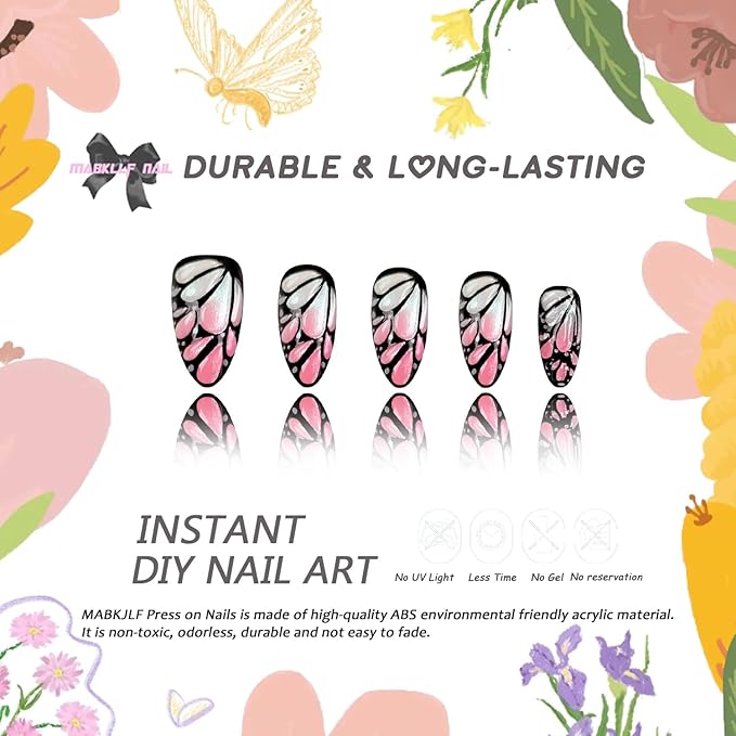 Press on Nails Medium Almond MABKJLF Fake Nails Unique False Nails with Black Butterfly Polka Dots Designs Full Cover Glossy Glue on Nail Acrylic Nails for Women Girls 24Pcs