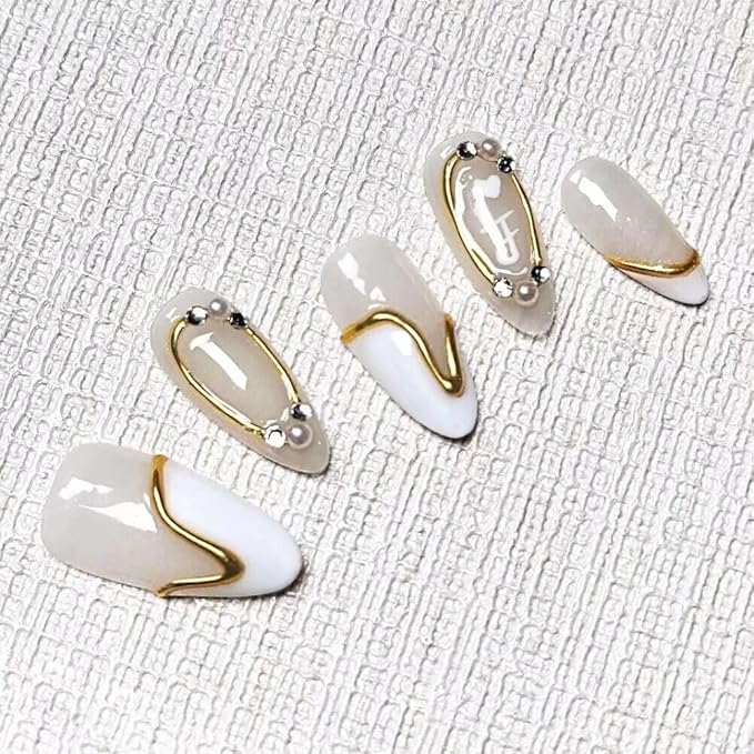 Press On Nails Medium Almond Shape - 3D Handmade Acrylic Gel Fake Nails with Glitter Designs, Reusable Thick Almond Nails for Women DIY Manicure Kit (10PCS, L Size, Easy Application)