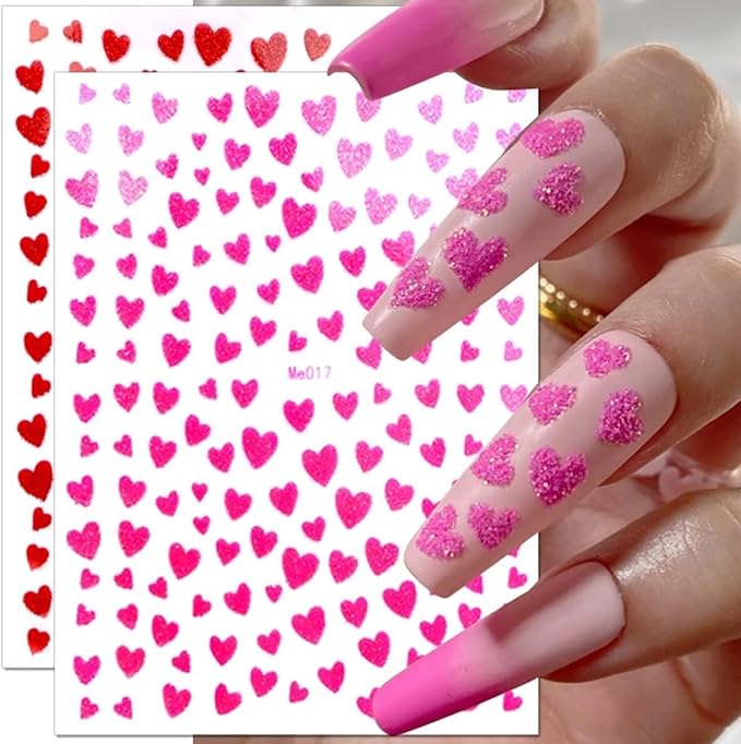 Heart Nail Art Stickers Decals 3D Shiny Glitter Love Hearts Self Adhesive Shining Glitters Powder Effect Valentine's Day Heart Nail Design for Lovers Romantic DIY Nail Decorations Manicure Accessories