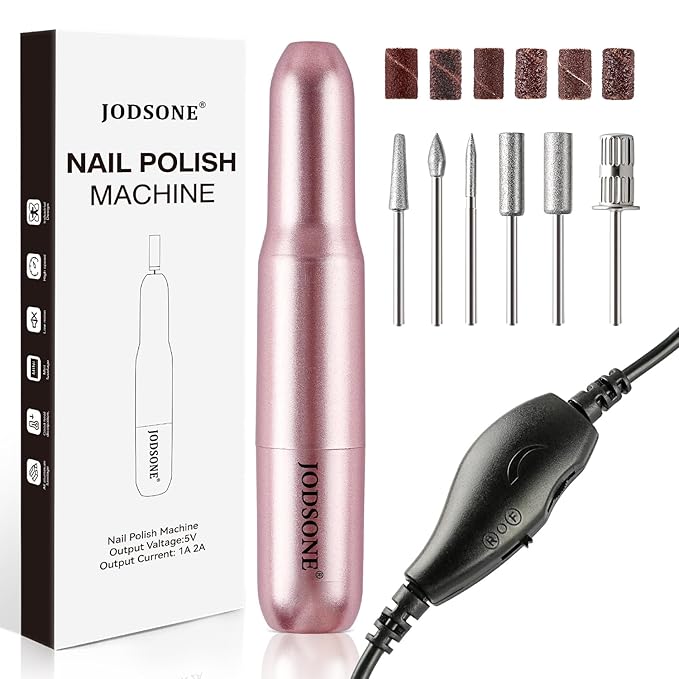 JODSONE Electric USB Nail Drill for Acrylic and Gel 14000RPM Portable Nail File Efile Set with Nail Drill Bits Sanding Bands Pink