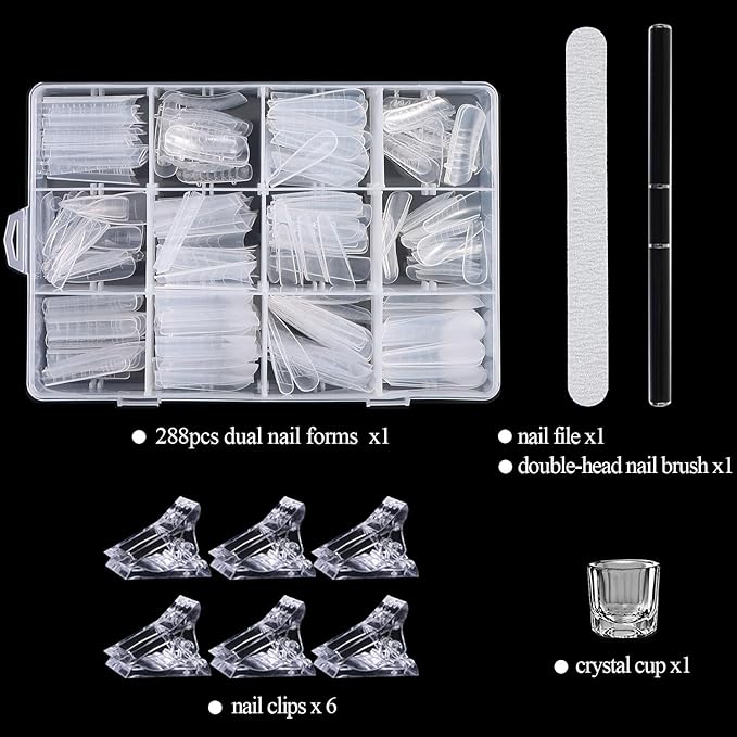Dual Nail Forms Kit 288Pcs Polygel Nail Tips 12 Styles Poly Gel Nail Forms Reusable Stiletto Coffin French Acrylic Nail Extension Molds with Accessories - for Beginners