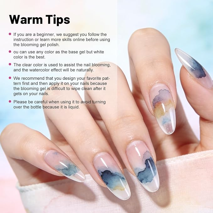 JODSONE Marble Nail Polish, Blooming Gel Marble Ink for Nails 12 Colors Blue Purple Pink Ink Magic Watercolor Blooming Marble Effects Gel Nail Polish at Home DIY Nail Art Flower Design