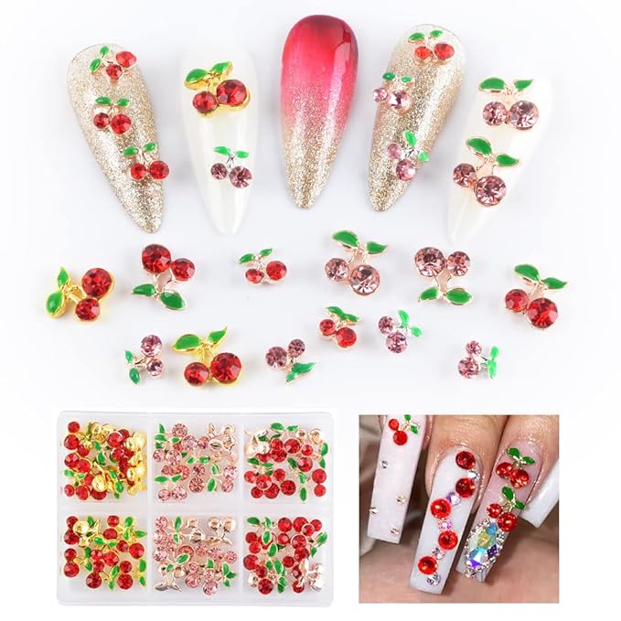 60Pcs Cherry Nail Charms 3D Cherry Nail Rhinestones Glitter Nail Gems Metal Gold Rose Gold Kawaii Fruit Nail Charms for Girl DIY Nail Art Craft Accessories