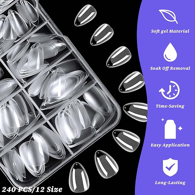 240pc Extra Short Gel Nail Tips Almond Fake Nails Clear Press ons Nail, XS Short Almond Nails Tips Acrylic Nails Extension Soft Gel Nails Tip Full Cover False Nail Clear Artficial Fingernails