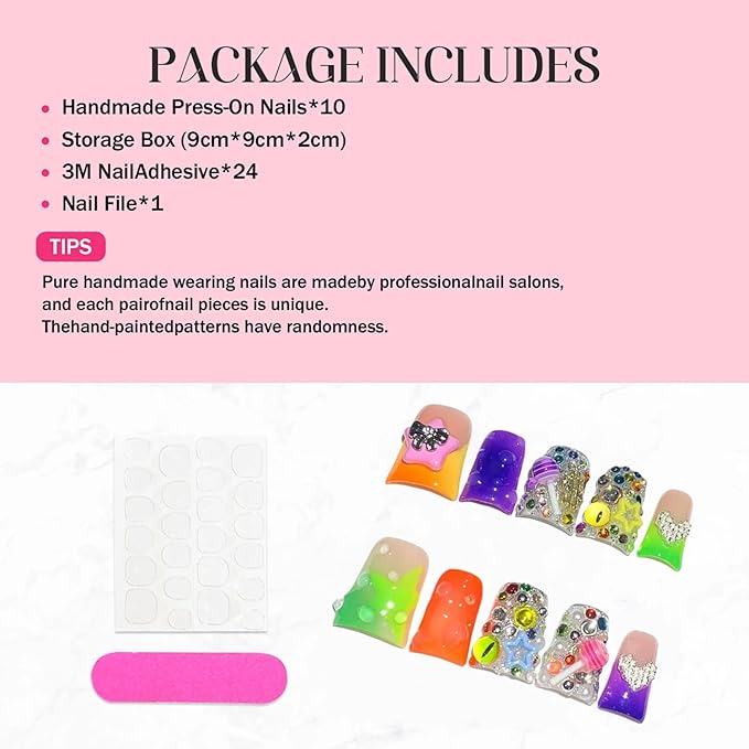 Handmade Press on Nails Medium Duck 3D Cute Thick Acrylic Fake Nails Ombre French Tip False Nails with Charms Designs Acrylic Nail Sparkly Reusable Stick on Nail for Women 10Pcs (Size M)