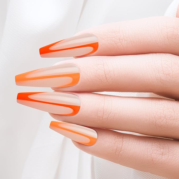 Goldfinger Trendy False Nails Kit, X-Long Coffin Design Nail, Minimal Tropical Orange & Yellow Print, Ready to Wear Gel & Manicure Stick Included, Long-Lasting Convenient & Easy to Apply