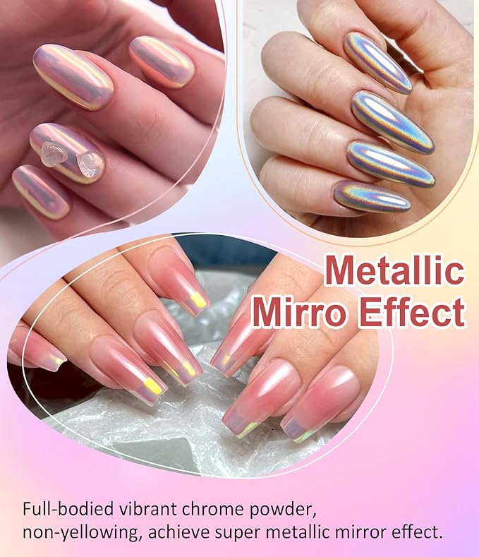Chrome Nail Powder and 3D Nail Gel Kit BISHENGYF: 15g No Wipe 3D Sculpting Gel Aurora Pink White Pearl Gold Chrome Nail Powder with Clear 3D Carving Nail Molding Glue Set for Nail Art Decoration
