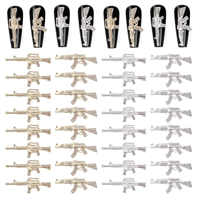CRASPIRE Gun Nail Charms 32Pcs 4 Style 3D Weapon Nail Charms with Rhinestones Gun Nail Art Charms Accessories for DIY Nails Art Decoration Jewelry Making