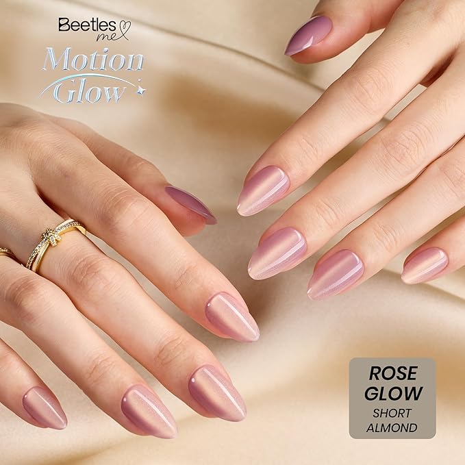 Beetles Motion Glow Cat Eye Press On, Short Almond Press On Nails Kit with Fast-Dry Nail Glue & Adhesive Tabs, 32pcs 16 Sizes, Girls Stick On Nails for Women Rose Glow