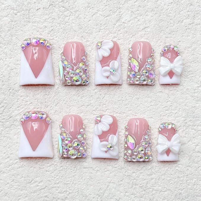 Handmade Press on Nails Rhinestones Press on Nails Short Duck Shaped Fake Nail White French Acrylic Nails Full Cover Reusable Flower False Nail for Women Girls Nail Accessories (Size S)