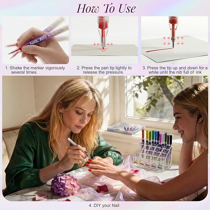 12 Color Nail Art Pens Set, Nail Art Markers & Nail Polish Pens with 0.5mm Fine Tip for Quick-Dry Graffiti, Dotting, Drawing, Painting, Liner - Professional DIY Home Salon Manicure Tools