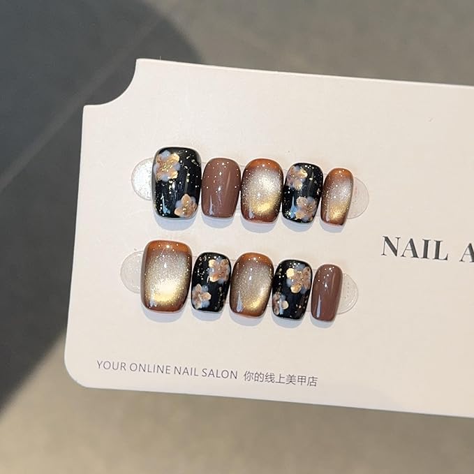 Short Square Press on Nails - Handmade Manicure Art Reusable False Nails 10pcs with Solid Nail Glue, Nail Adhesive Tabs, Strong Nail Glue (FGQH-Short)