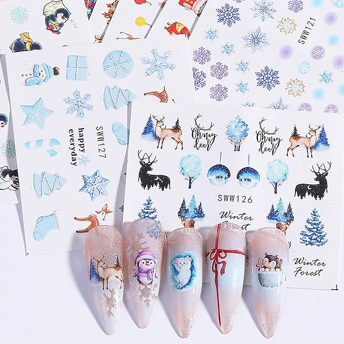 24 Sheets Christmas Nail Stickers for Women Cute Nail Art Stickers Snowflake Snowman Elk Penguin Christmas Tree Water Transfer Nail Decals Winter Xmas Nail Sticker 3D Self-Adhesive Nail Art Supplies