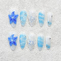 Medium Almond Press on Nails Handmade Nail Thick Fake Nails with Glue,Milky White False Nails with 3D Blue Flower Art Design Rhinestone Nature Acrylic Nails for Wome (Size M)