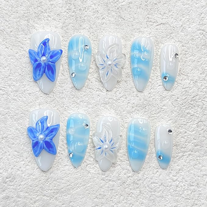 Medium Almond Press on Nails Handmade Nail Thick Fake Nails with Glue,Milky White False Nails with 3D Blue Flower Art Design Rhinestone Nature Acrylic Nails for Wome (Size M)