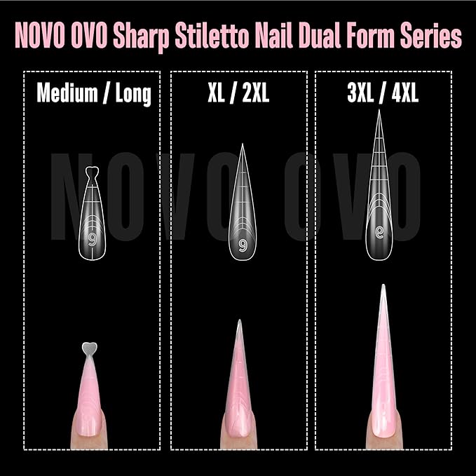 NOVO OVO Extra Long XXL Stiletto Pointed Nail Dual Forms for Polygel Extension, Reusable Full Cover Acrylic/Builder/Hard Gel Poly Gel Molds of Manicure Art for Salon DIY x 14 sizes 280 Pcs