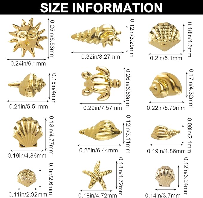 Ocean Nail Charms Nail Art Stickers 2 Disc, Beach Starfish Sea Seashell Charms Decals, Gold Metal 3D Gems Decals for Manicure DIY Embellishments 12 Style