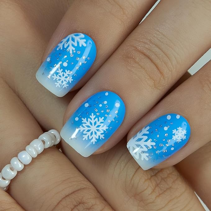 Curvlife Press On Nails – 30PCS Full Cover False Natural Fit Soft Gel Fake Nails Tips, Easy to Apply at Home Glue On False Nails Kit (Blue Ombre Nails with White Snowflakes, Medium)