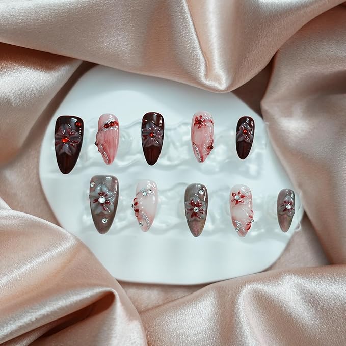 Handmade Floral Press on Nails - Medium Almond 3D Embossed Rhinestones & Red Ombre, Thick Acrylic Gel Nails for Parties, Valentine's Day (Evil Flower,L)