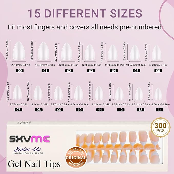 Gel French Tip Nails Short Almond Press on Nails White 300Pcs Pre-applied Tip Primer Natural Nude Fake Nails Extensions Kit for Women Girls DIY