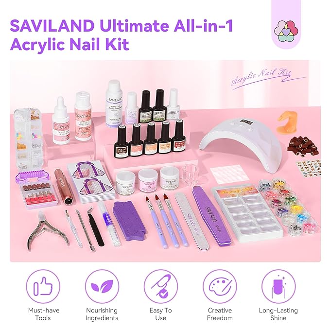 SAVILAND Essentials All-In-1 Acrylic Nail Kit with Drill: Nourishing Nail Kit for Beginners with Everything Clear White Pink Acrylic Powder Liquid Set 88W Nail Lamp Gel Nail Polish For Home DIY