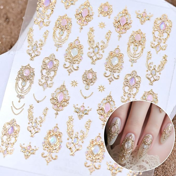 5D Embossed Nail Art Stickers Gold Nail Decals Vintage Gemstones Nail Art Decorations Supplies Gold Line Design Manicure Accessories for Women
