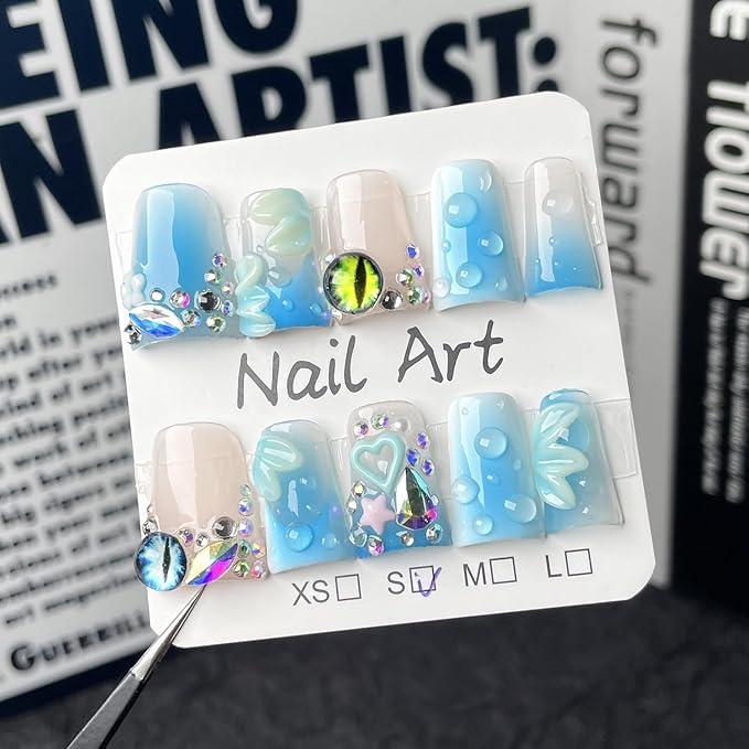 Handmade Press on Nails Duck Short Fake Nails with 3D Rhinestones and Heart Designs Flower Press on Nails Gradient French Acrylic for Women Art Manicure (Size M）