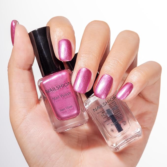 Metallic Purple Rose Nail Polish with 3-in-1 Clear Base Top Coat, Fast Air Dry Fingernail Polish Duo, Non-Gel, Opaque, Glossy Luxury Nail Art Fingernail Toenail Polishes