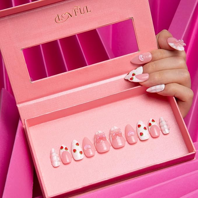 LOVFUL Press on Nails Strawberry Mousse | Handmade with Full Covered Crystals | Reusable Fake Nails | Almond Regular 1.0 in | H286-L