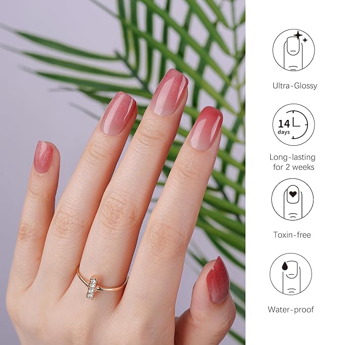 DANNI & TONI Semi Cured Gel Nail Strips Red Ombre Clear (Gloss Crush) Cat Eye Gel Nail Wraps 28 Stickers