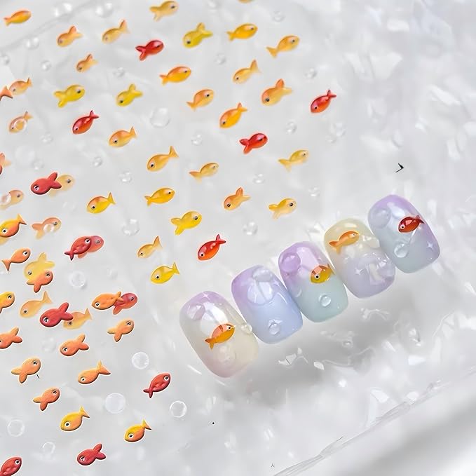Dedyel 5D Embossed Cute Goldfish Nail Art Stickers Cartoon Kawaii Design Anime Self Adhesive Nail Stickers for Women Kids Girls Nails Art Decorations