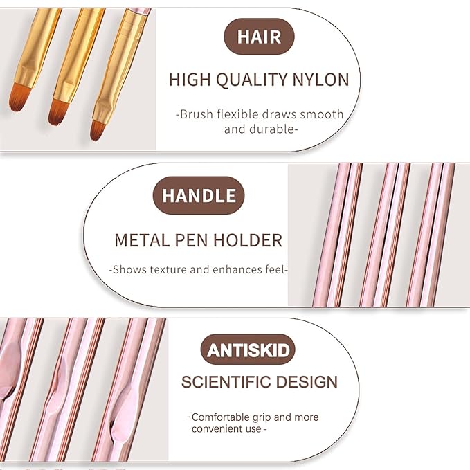 SILPECWEE 3 Pcs Oval Nail Brush Set - Rose Gold, Acrylic Nail Art Brushes Manicure Painting Pen Design Tool Professional Remover Polish Nail Clean Up Brushes (7mm/9mm/10mm)