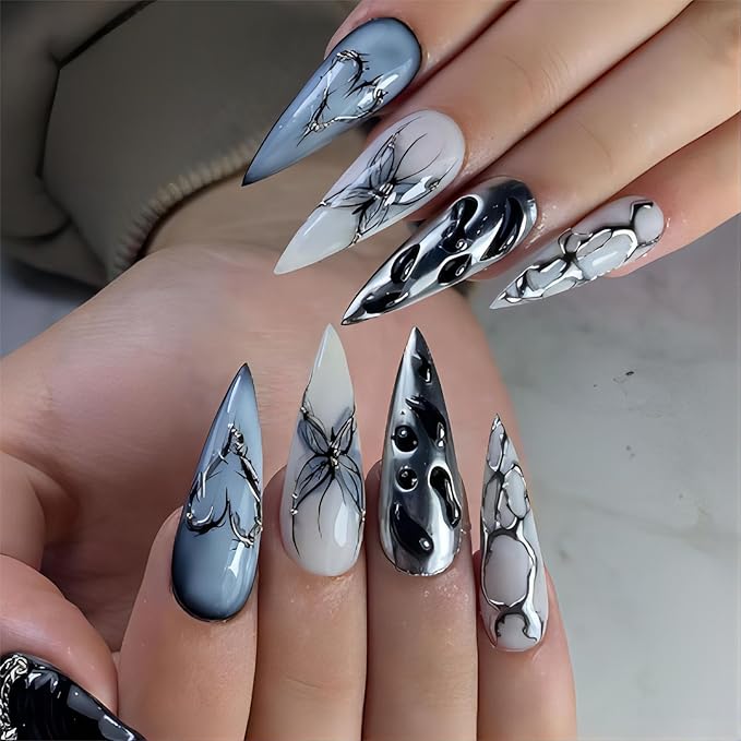 xl Almond Press on False Nails Long Tip Nails Press Ons Black Metallic Butterfly with Pearls Design Fake Nail Full Cover Gel False Nail Kit for Wemons 24pcs