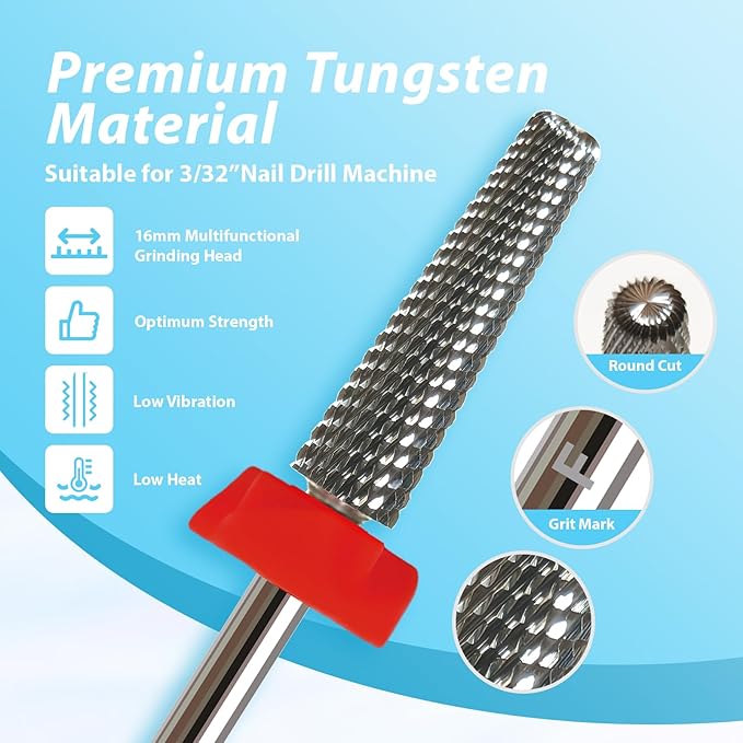 16mm Long Tapered Barrel Nail Drill Bit, 3/32” Safety Tungsten Carbide E-File Bit for False Nail Application, Press-On Tip Apply Nail Extension, Gel & Acrylic Removal, Two-Way Rotation, Fine.