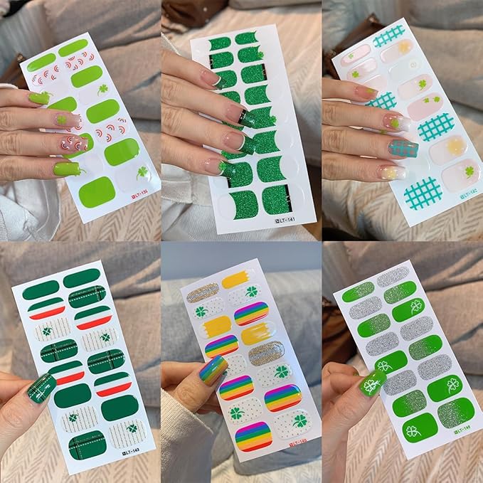 6 Sheets Glitter St. Patrick's Day Gel Nail Stickers Green Shamrock Nail Polish Stickers 3D Self-Adhesive Luck Clover Rainbow Nails Art Designs Irish Full Wraps Gel Nail Strips for Women Acrylic DIY