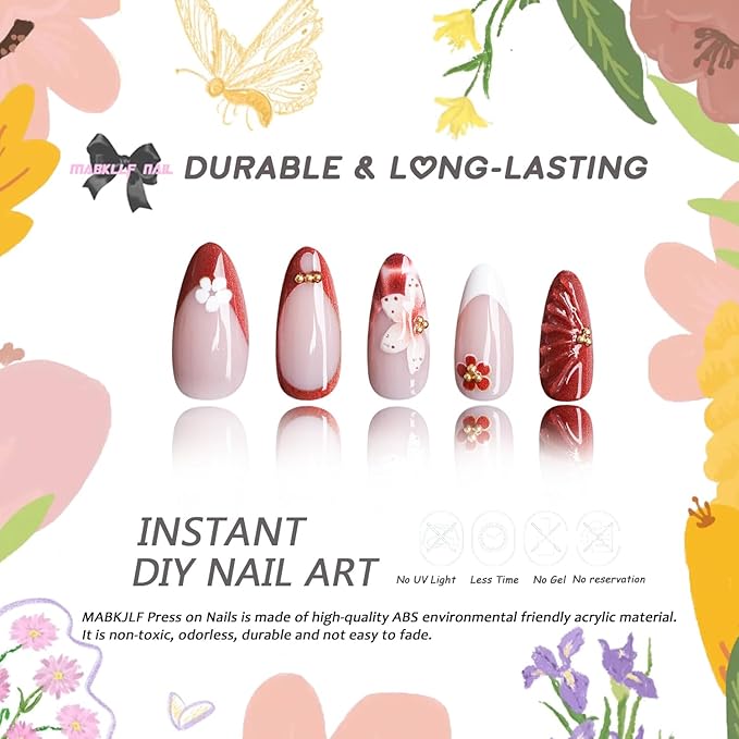 Handmade Press on Nails Medium Almond MABKJLF French Tip Fake Nails 3D False Nails with Flower Beads Designs Red&White Glossy Glue on Nail 3D Fall Acrylic Nails for Women Girls 24Pcs