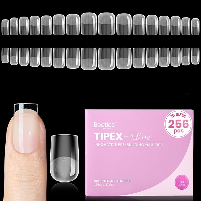 Beetles Tipex Lite Pre-Built Apex Nail Tips, Square XS Short, 256pcs Value Pack, 16 Sizes | 00-14, Flat-Nail Friendly Acrylic Tips for Natural Nail Beds, Easy for Beginner DIY