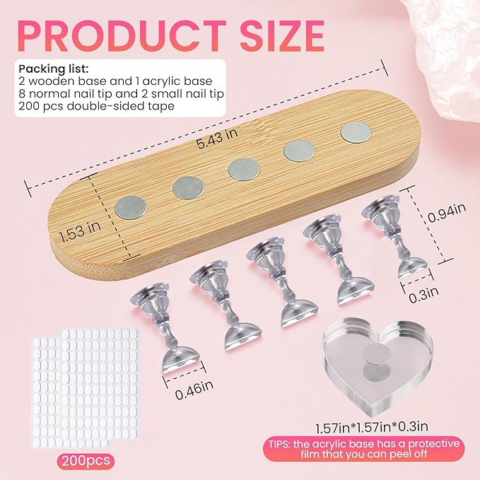 Wooden Stand for Nails Art Display Practice 2 Set, 1 Heart Shaped Acrylic Magnetic Nail Stand, Fake Nail Holder with 200 Pieces Double-sided Tape, For Home DIY Salon Supplies (Wood, Large)