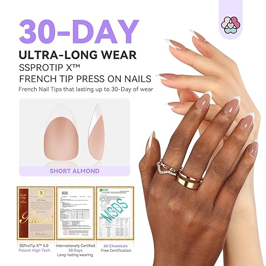 SAVILAND Natural French Tip Nails: Thicker Press on Nails Short Almond Chip-Free & Strong French Tip Press On Nails 15 Sizes Fake Nails Quick Nail Art Home Use SSProTip X