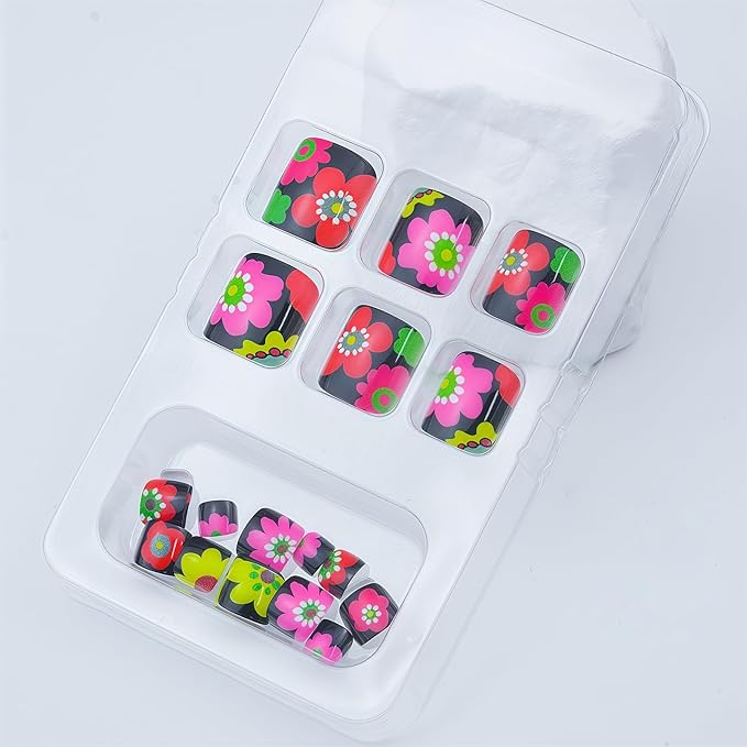Colorful Flower Press on Toe Nails Short Square Fake Toenails Summer Daisy Floral Glossy Acrylic Artificial Full Cover Black False Stick on Toenails for Women Toenails Decoration 24Pcs