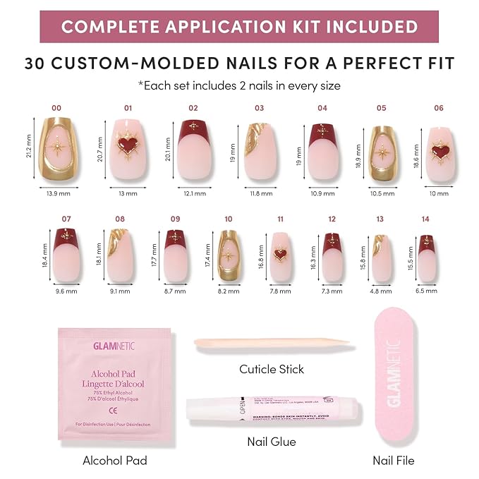 Valentines Day Glamnetic Press On Nails - Queen of Hearts | Medium Coffin Fake Nails with a Sheer Base, 3D Gold Metallic Designs and Deep Red French Tips | 15 Sizes - 30 Nail Kit with Glue
